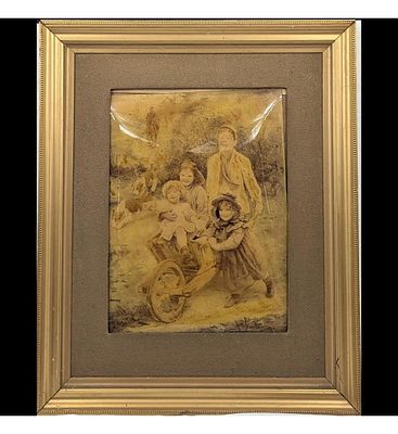 Antique Convex Glass Framed Art On Ivorine?, Depicting Four Children And Dogs. Measures approx. 