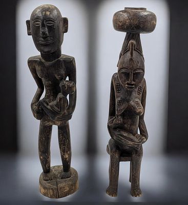 Pair Of Old African Carved Wood Maternity Figures, One Possibly Senufo. Measures approx. 4" X 
