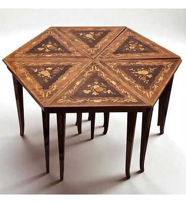 Set Of 6 Italian Marquetry Inlaid Triangular Tables. Each measures approximately 17-1/2" x 18". 