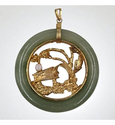 A Beautiful Vintage Chinese Scenic Jade Pendant With Gilt Metal And Moonstone. **DUE TO THIS LOT 