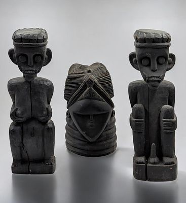 Lot Of 3 Vintage African Carved Wood Sculptures / Mask. Includes a pair of tribal fertility 