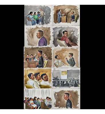 Set Of 38 Watercolor Courtroom, Narrative, & Execution Scene Paintings By Barbara Maxwell. Set 