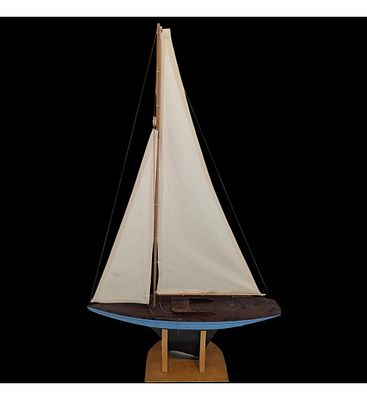 Large Vintage Solid One Piece Jacrim Seaworthy Pond Yacht Model On Wooden Stand. Measures 