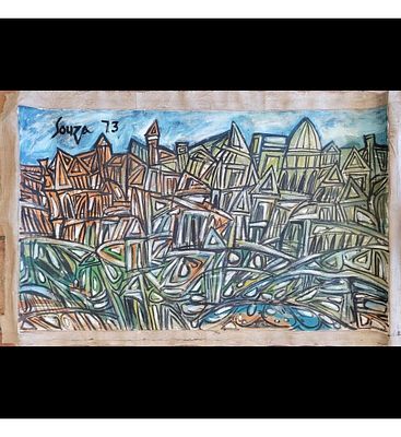 Signed And Dated F.N. Souza Oil On Canvas Abstract Painting, 1973, NO COA. Signed And Dated 