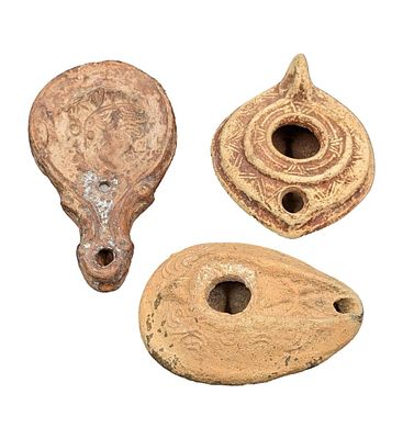 Lot Of 3 Terra Cotta Byzantine Style Oil Lamps, Two Likely Authentic, One Is A Reproduction. 