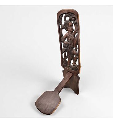 African Contemporary Signed Two-Piece Wood Carved Tribal Elder Style Seat Depicting Dancer With 