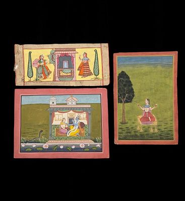 Lot Of 3 Indian Bundi And Pahari School Miniature Tempura On Paper Paintings. Measures approx. 