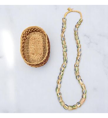 Antique African Krobo Trade Beads Necklace In A Woven Basket, 47 Beads Total. Measures approx. 