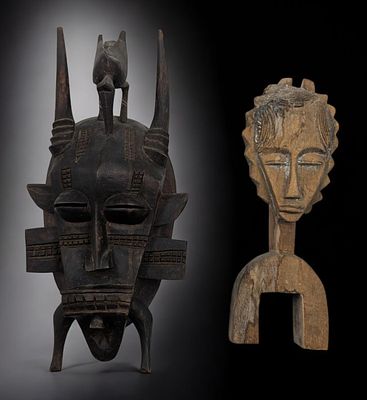 Pair Of Vintage Hand Carved African Pieces, Tribal Kpelie Mask And A Traditional Heddle Pulley. 