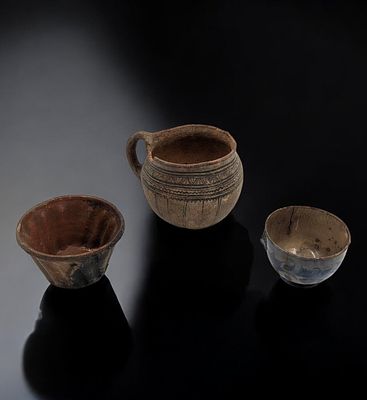 Lot Of 3 Old Pottery Vessels, A Jug, Pot, And Bowl. Measures approx. 3" X 4", 2 3/4" X 5", and 