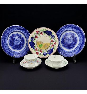 Spatter Rabbitware Ironstone Plate, Pair Of Flo Blue "VISTA" Plates, & Pair Of Early Cups W/ Saucers
