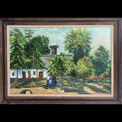 Large Vintage Oil On Canvas Village Painting. Measures approx. 29.25" X 41.5" sight 23.5" X 