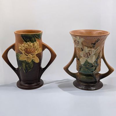 Pair Of Vintage Roseville Pottery Double Handled Vases, Water Lily And Magnolia Pattern. 