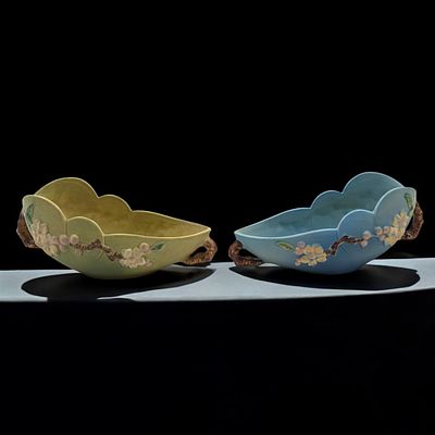 Pair Of Vintage Roseville Pottery Blue And Green Apple Blossom Scalloped Bowls. Measures 