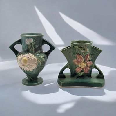 Pair Of Vintage Roseville Pottery Green Vases, Clematis Triple Necked Vase And A Peony Handled 