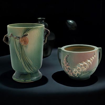 Pair Of Vintage Roseville Pottery Green Pieces, Pine Cone Cylindrical Vase And A Foxglove 