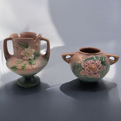 Pair Of Vintage Roseville Pottery Pink Two-Handled Vases, Water Lily And White Rose Pattern. 