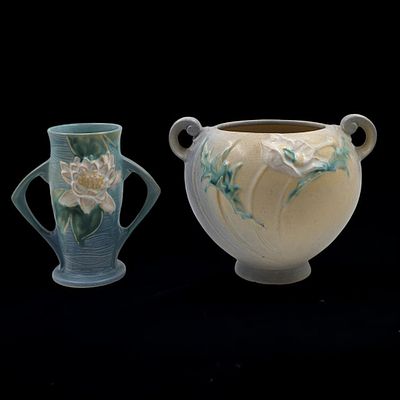 Pair Of Vintage Roseville Pottery Vases, Blue Two-Handled Water Lily And Yellow Poppy. Measures 