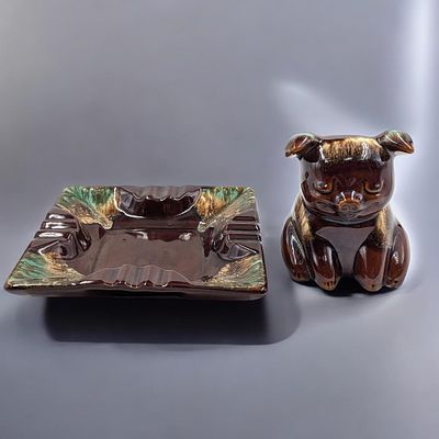 Vintage Hull Pottery "Corky the Pig" Piggy Bank And A Roseville Pottery Hyde Park Pattern 