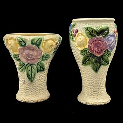 Pair Of Antique Roseville Pottery Ivory Rozane Vases. Measures approx. 8" X 4 1/2" and 6 3/4" X 