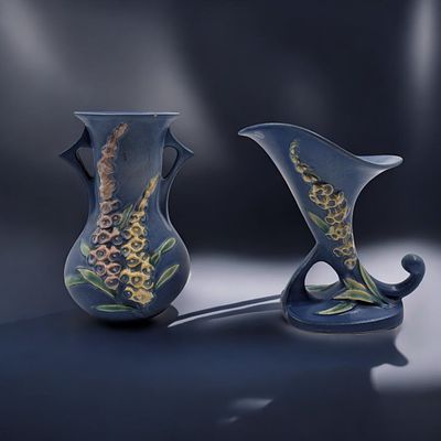 Pair Of Vintage Roseville Pottery Blue Foxglove Vases. Measures approx. 5 3/4" X 6" and 6 1/4" 