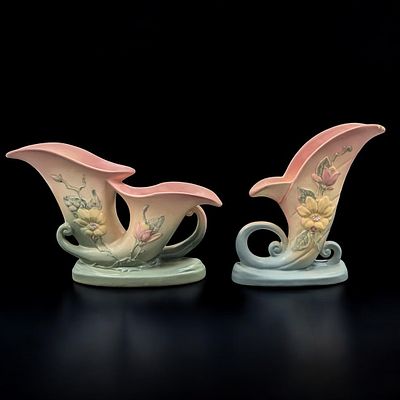 Pair Of Vintage Pink Hull Pottery Cornucopia Vases. Measures approx. 7 1/2" X 12 1/2" and 8 