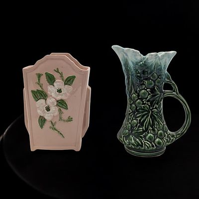 Vintage Green McCoy Pottery Grape Pattern Pitcher And Hull Art Pottery Rosella Dogwood Vase. Pair 