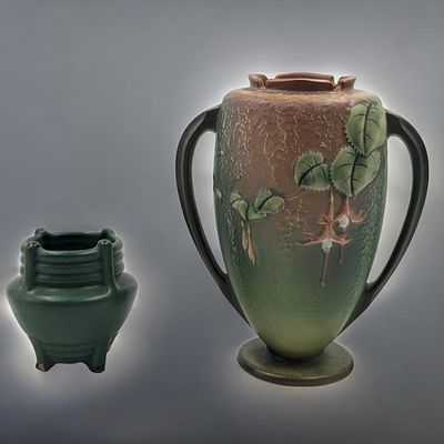 Vintage Green Weller Pottery Bedford Arts & Crafts Vase And A Roseville Pottery Fuchsia Vase. Vin 