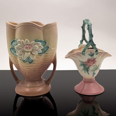 Pair Of Vintage Hull Pottery Pieces, Water Lily Vase And A Woodland Basket. Measures approx. 9" 