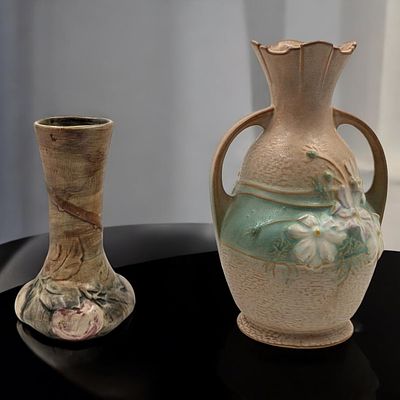 Vintage Orange Roseville Cosmo Pottery Vase And An Antique Weller Pottery Baldin Apple Vase. 