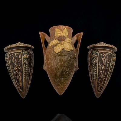 Lot Of 3 Antique Roseville Pottery Wall Pockets, Two Florentine Pattern And One Clematis. 