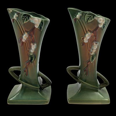 Pair Of Vintage Green Roseville Pottery Snowberry Vases. Measures approx. 7 1/2" X 3 1/2" each. 