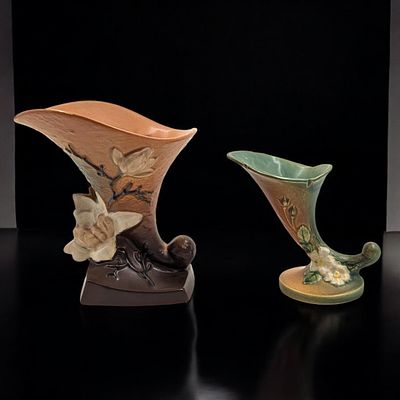Pair Of Vintage Roseville Cornucopia Vases, Green White Rose Pattern And Brown Magnolia 