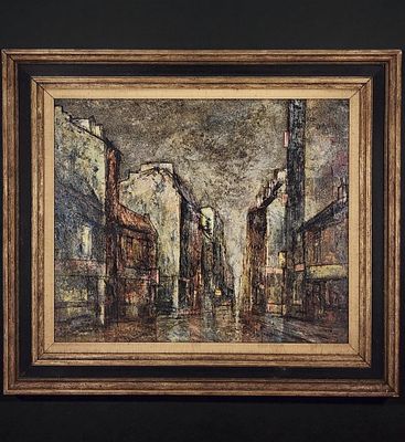 French Jules Dules Duffart B1924 Oil On Canvas Cityscape Painting Signed. Frame Measures 27" X 