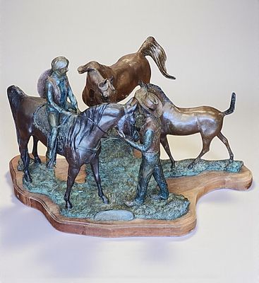 Snell Maurice (Snellen) Johnson 1929-2001 Titled "FAMILY" Bronze Sculpture Of Horses 1987. Americ 