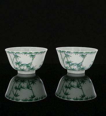Pair Qing Yongzheng Doucai Tea Bowls Bamboo Motif With Six Character Marks. Measurements 2" H x 