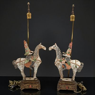 A Pair Of Vintage Chinese Ceramic Horsemen Lamps, Tang Dynasty Style. Measures approx. 10" X 6" 