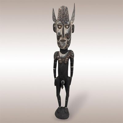 Large Antique Papua New Guinean Carved Wood Tribal Standing Figure, Sepik River. Measures 