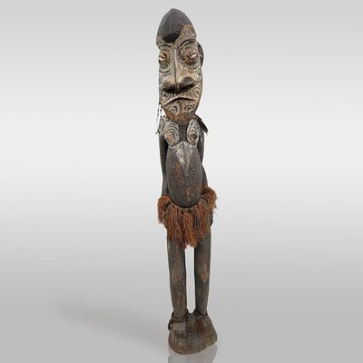 Large Antique Papua New Guinean Carved Wood Female Figure, Likely Sepik River. Measures 
