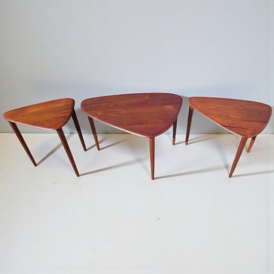 Set Of 3 Mid Century Teak "Guitar Pick" Nesting Tables. Measures approx. 17.5" X 16" X 12", 16" 