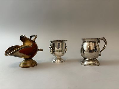 Three Silver-Plated and Other Metal Vessels, including a Viners of Sheffield Lion Head Urn. Lot 