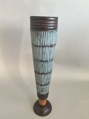 A Mid-Century Modern Style Painted Wood Conical Vase. Wooden decorative piece featuring a dark 