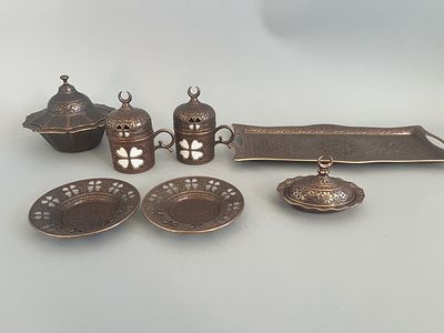 Ottoman Turkish Greek Arabic style coffee/tea serving set, crafted from a copper or copper 
