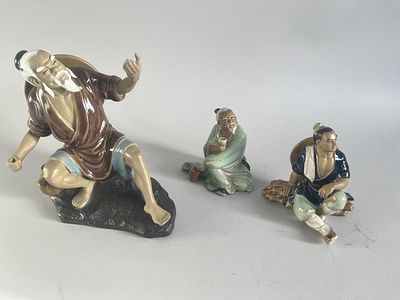 A lot of three polychrome glazed Shiwan Chinese Mudman Figurines. No chips or cracks.