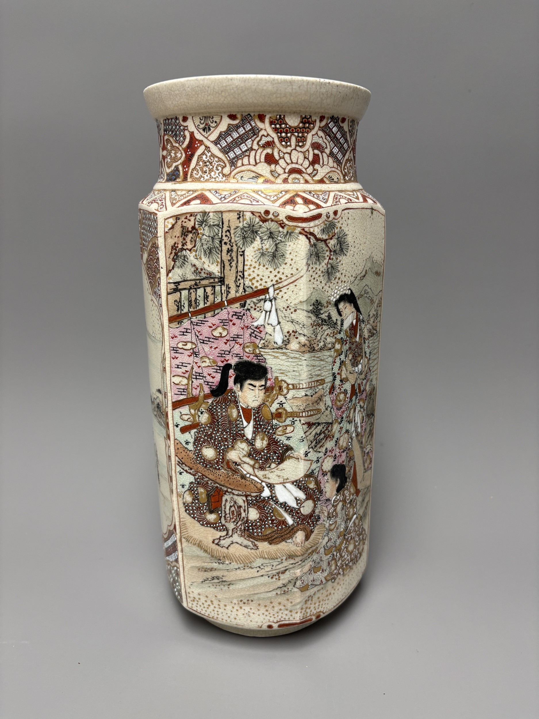 Large Japanese Satsuma Earthenware Hexagonal Vase Meiji Period