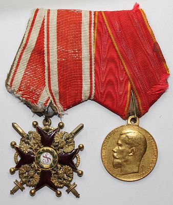 Колодка со знаком Ордена Святого Станислава III ст. с мечами, бронза, золочение, эмаль, размер 