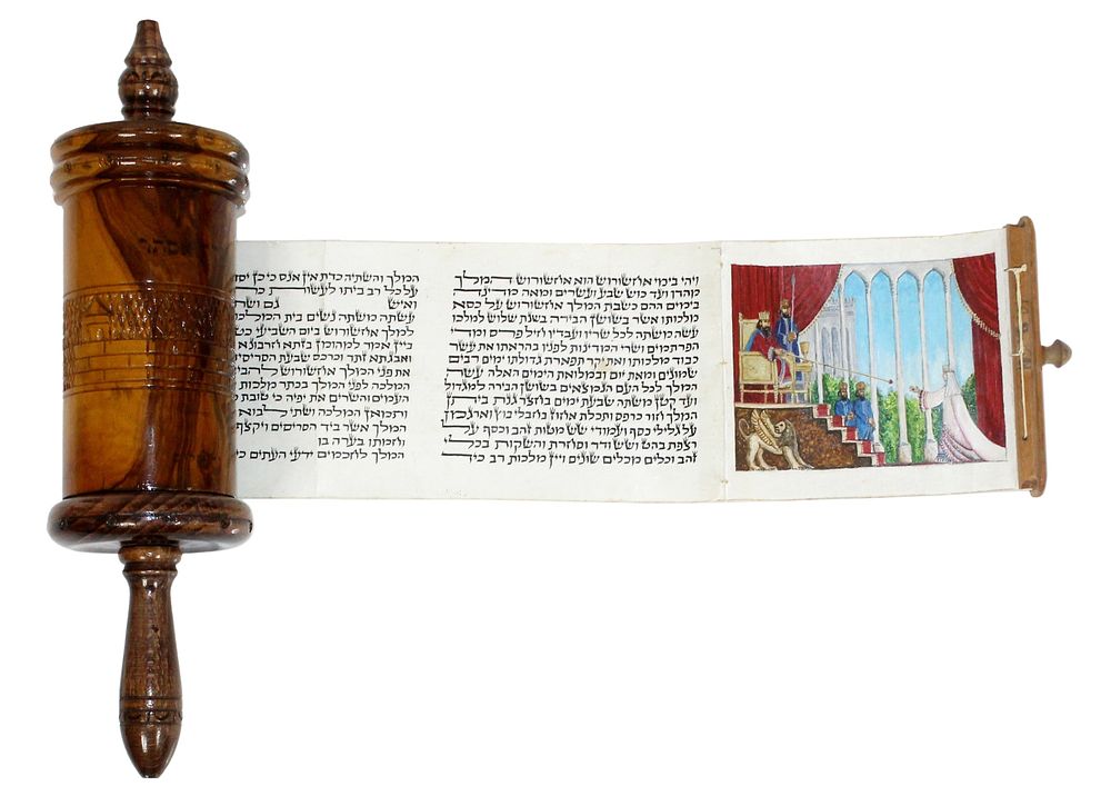 מגילת אסתר + בית מגילה עץ – ירושלים – ציורי אמן מרהיבים
. מגילת אסתר, דיו על קלף. כתיבה נאה עם 