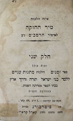 "איזה הלכות מיד החזקה" – הרמב"ם המצונזר – ג' חלקים - פטרבורג, תר"י-תרי"ב
. ספר איזה הלכות מיד 