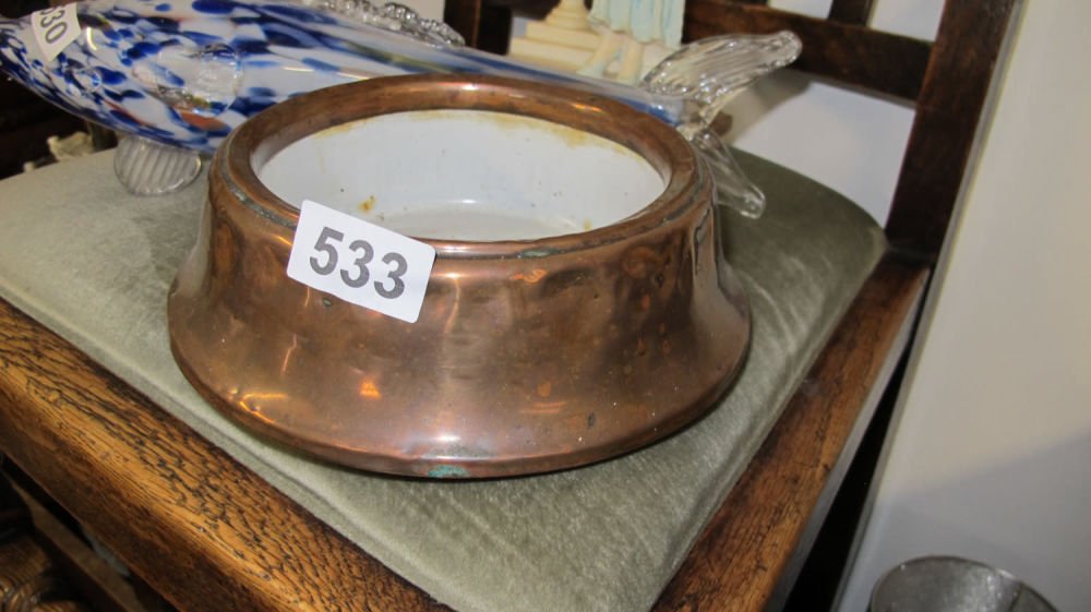 Lot 533: antique copper /ceramic dog bowl for a royal...