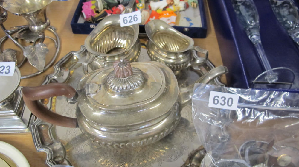 Lot 626: Silver plated tea serving set on tray